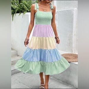 SHEIN VCAY Colorblock Tie Shoulder Ruffle Summer Midi
Dress